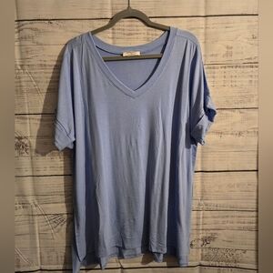 New Zenana Light Blue Tunic Rolled Sleeve T-shirt V-neck Plus Size 1x & 2x